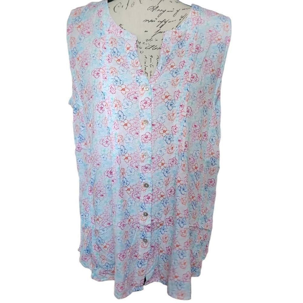 Jane & Delancey Ladies Sz L White & Multicolored V-Neck Button Down Blouse